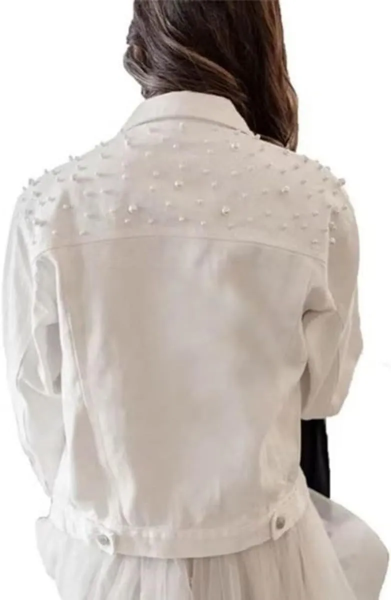 Womens Denim Jacket with Embroidered Pearls Casual Loose Cropped Jean Coat Oversized Trucker Jackets