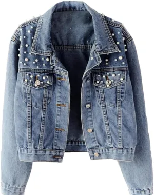 Womens Denim Jacket with Embroidered Pearls Casual Loose Cropped Jean Coat Oversized Trucker Jackets