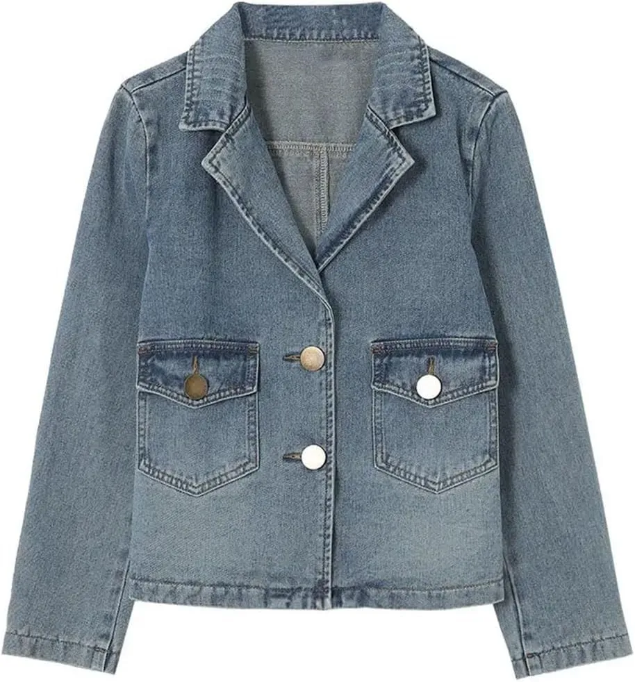 Women's Denim Jackets Short Crop Jeans Small Korean Long Sleeve Coats