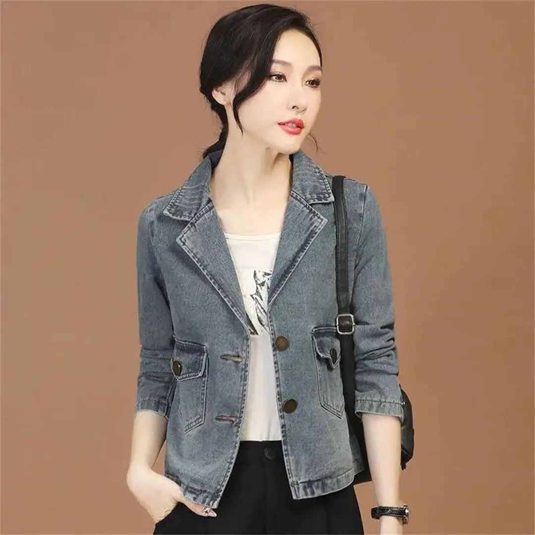 Women's Denim Jackets Short Crop Jeans Small Korean Long Sleeve Coats
