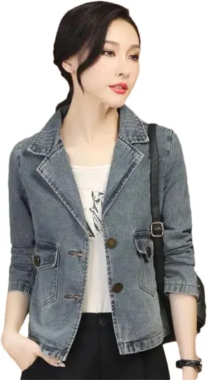 Women's Denim Jackets Short Crop Jeans Small Korean Long Sleeve Coats