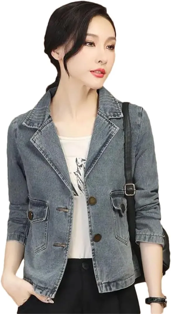 Women's Denim Jackets Short Crop Jeans Small Korean Long Sleeve Coats
