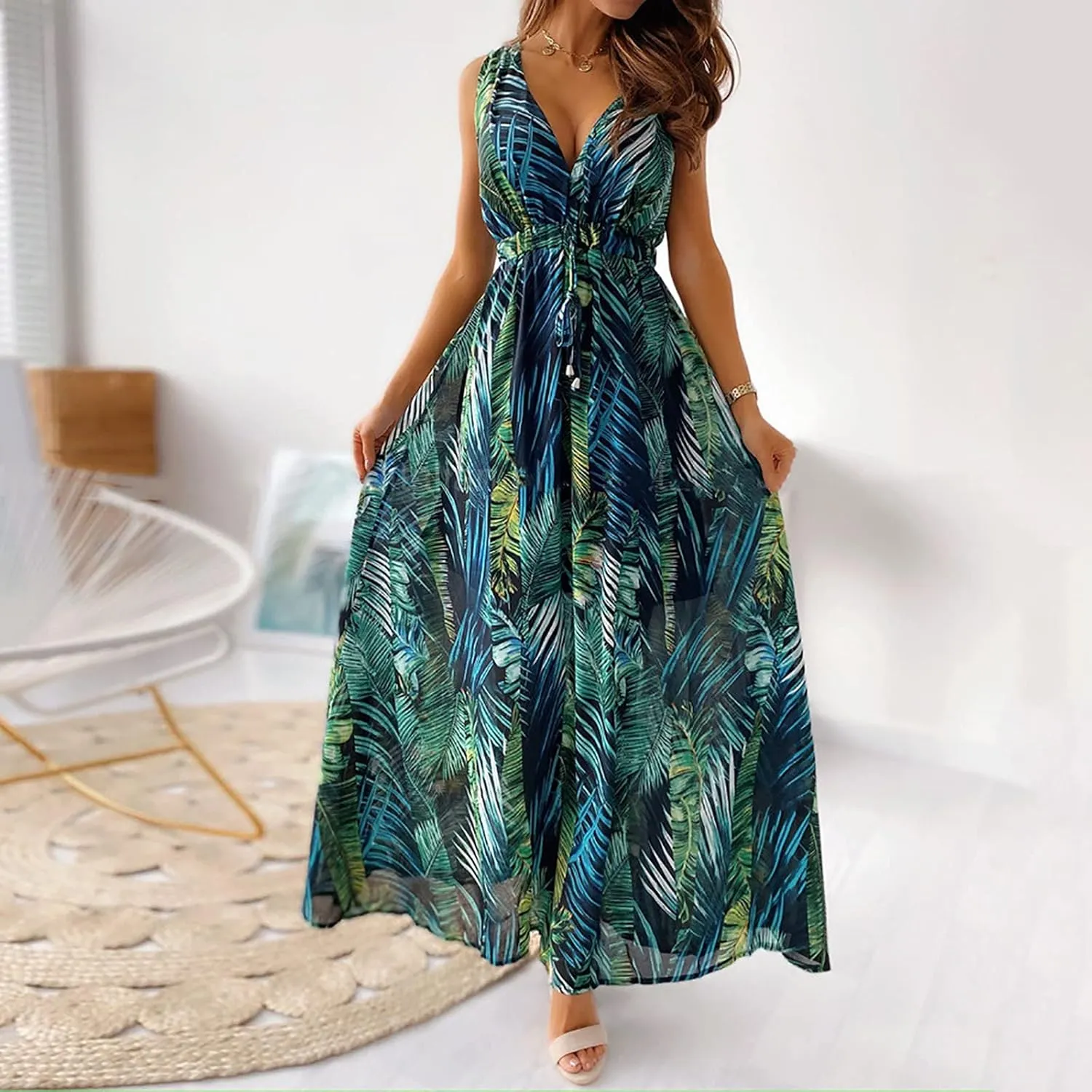 Womens Dresses 2024 Spring Summer Deep V Neck Floral Maxi Dress with Drawstring Flowy Backless Sleeveless A-Line Dress