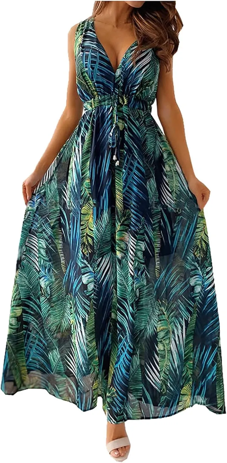 Womens Dresses 2024 Spring Summer Deep V Neck Floral Maxi Dress with Drawstring Flowy Backless Sleeveless A-Line Dress
