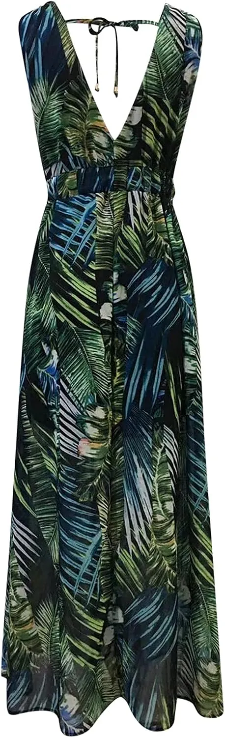 Womens Dresses 2024 Spring Summer Deep V Neck Floral Maxi Dress with Drawstring Flowy Backless Sleeveless A-Line Dress