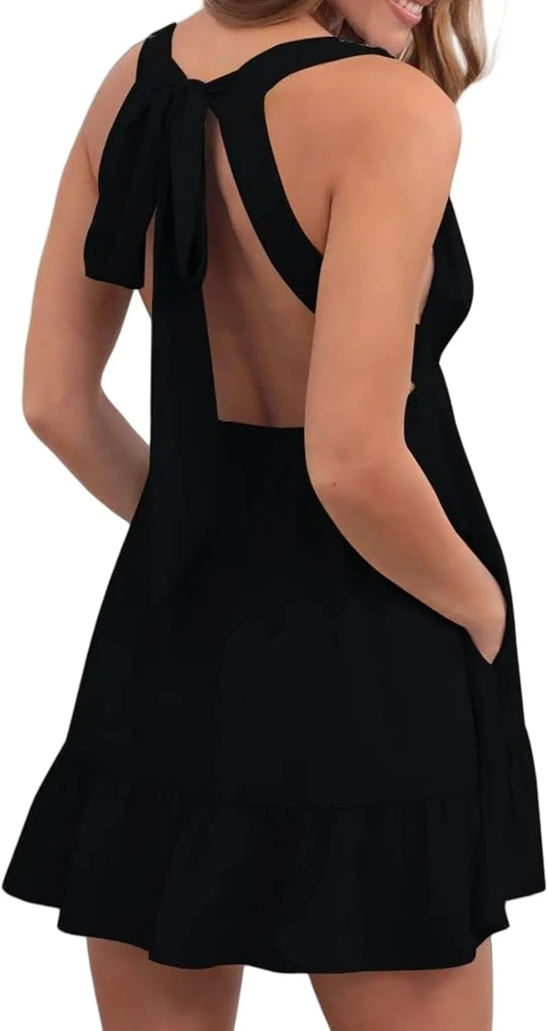 Womens Dresses Summer 2025 Deep V-Neck Backless Dress Ruffle Sleeveless Sexy Mini Dress Beach Sundress with Pockets