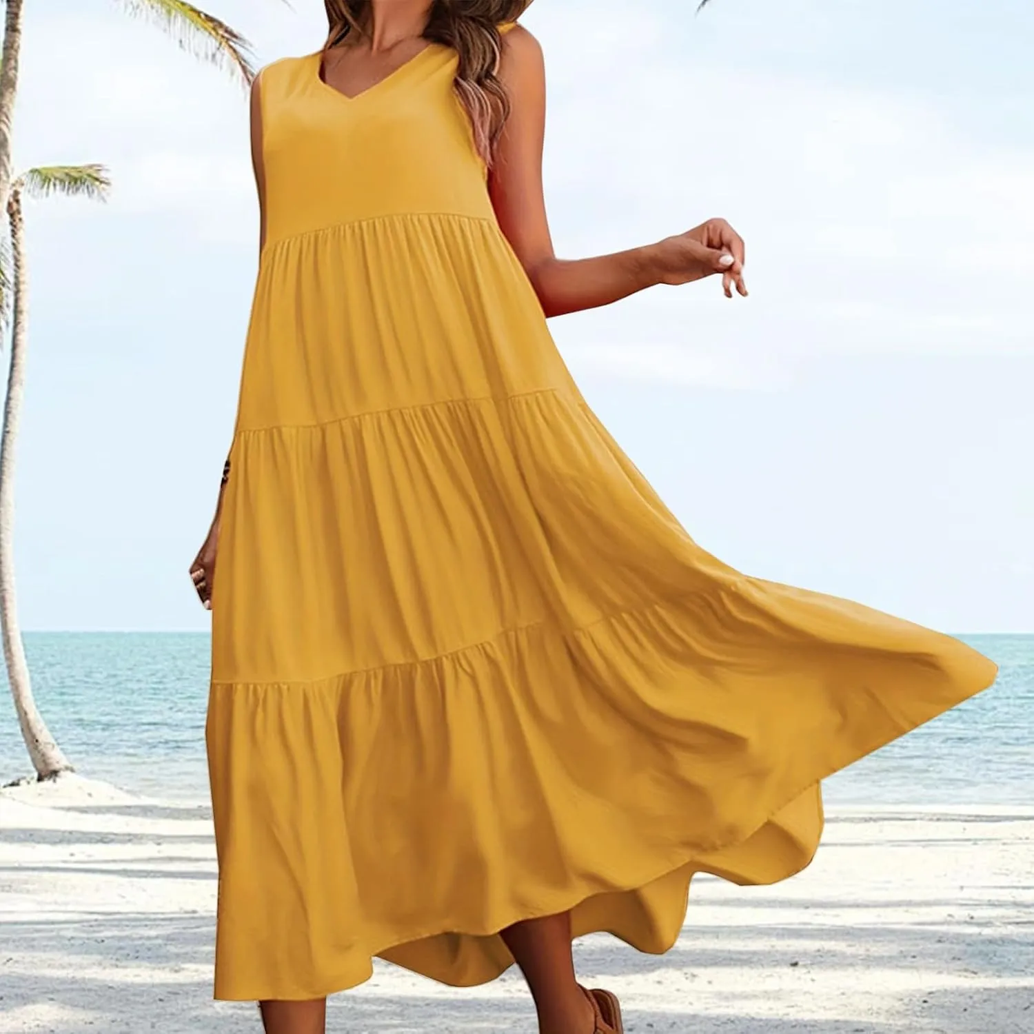 Womens Dresses V Neck Sleeveless Maxi Dress Summer Ruffle Elegant Tiered Layered Cocktail Party Dresses 2025