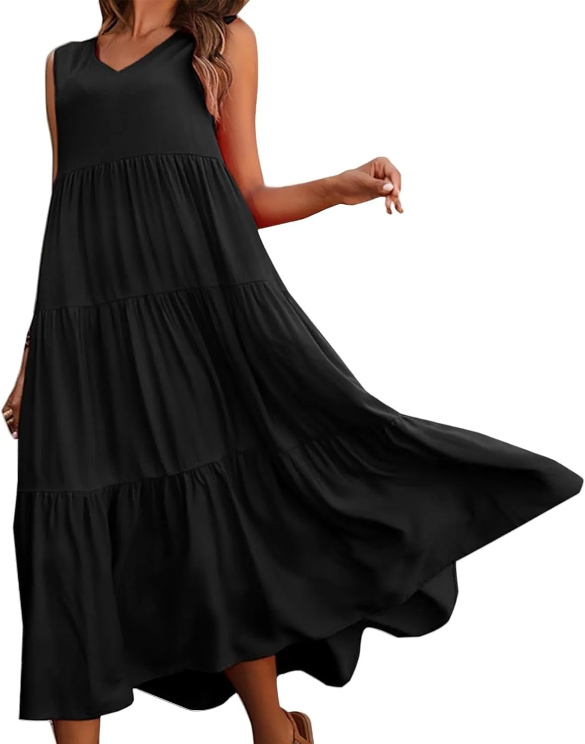 Womens Dresses V Neck Sleeveless Maxi Dress Summer Ruffle Elegant Tiered Layered Cocktail Party Dresses 2025