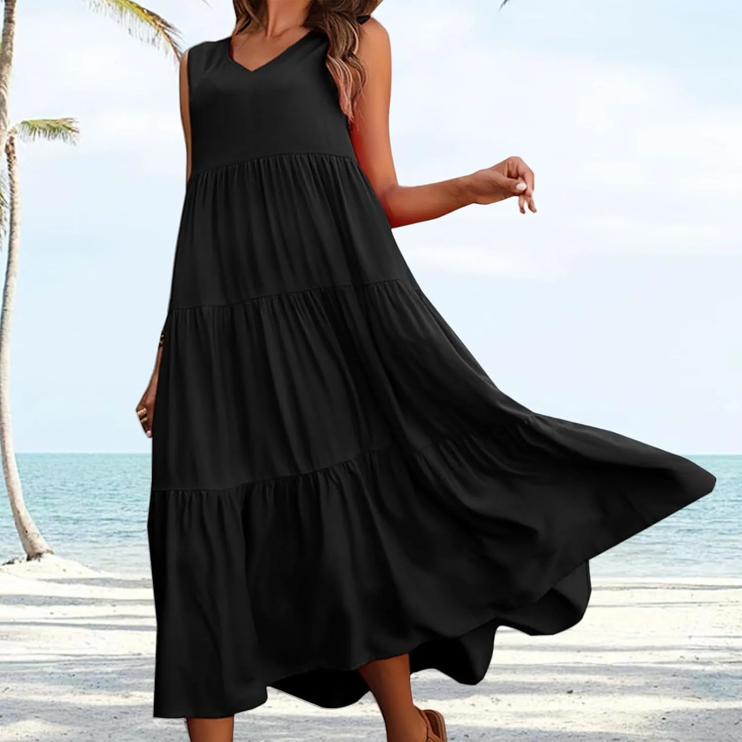 Womens Dresses V Neck Sleeveless Maxi Dress Summer Ruffle Elegant Tiered Layered Cocktail Party Dresses 2025