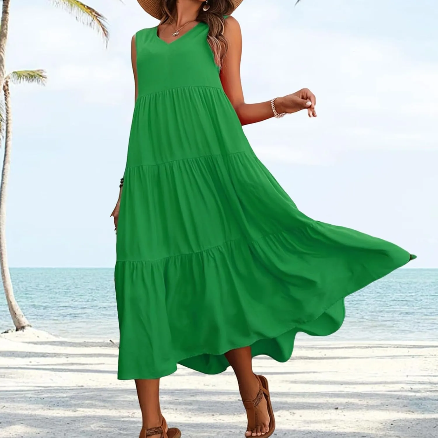Womens Dresses V Neck Sleeveless Maxi Dress Summer Ruffle Elegant Tiered Layered Cocktail Party Dresses 2025