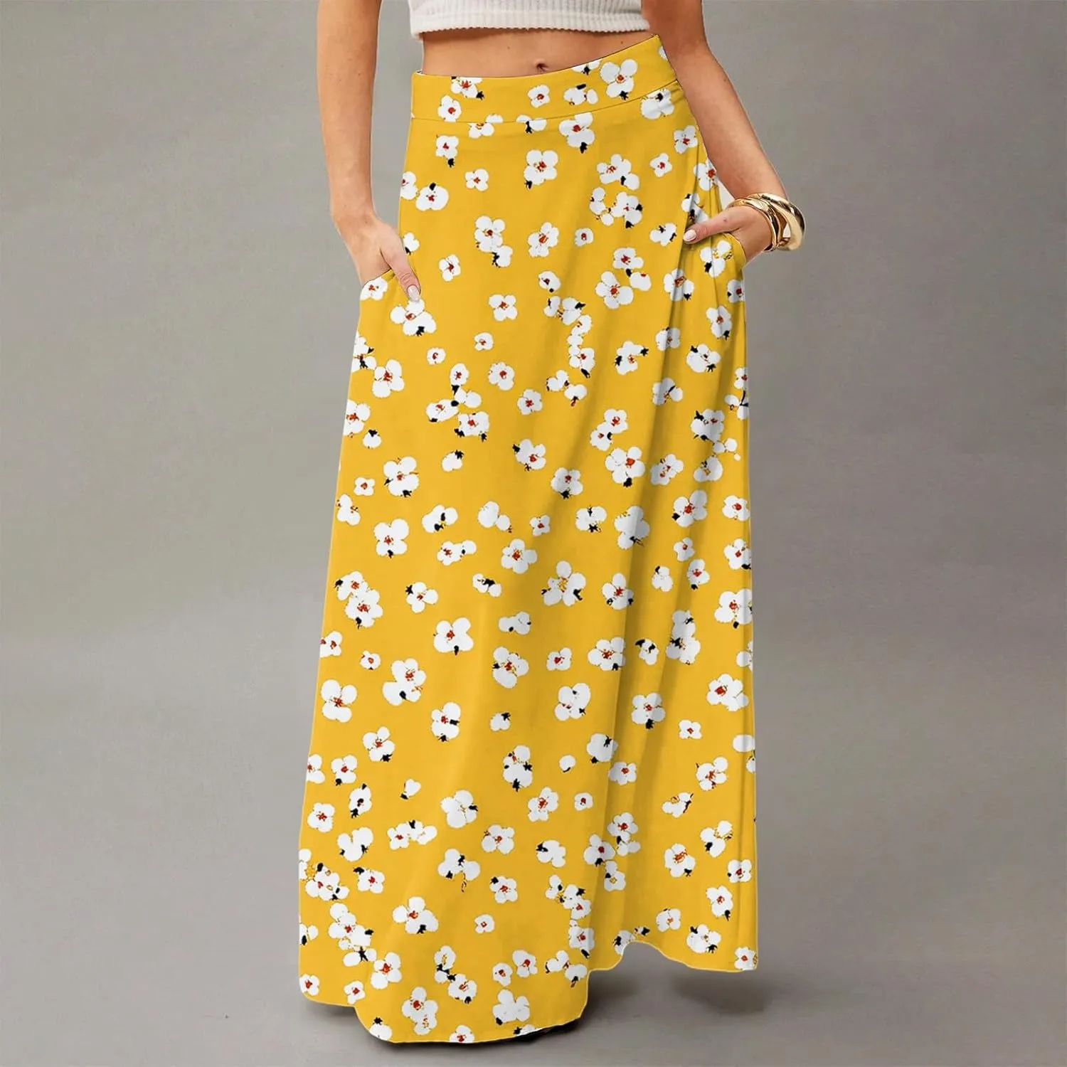 Women's Elastic High Waist Ditzy Floral Print Ruffle Hem Boho Casual Midi Skirt Trendy, S-2XL
