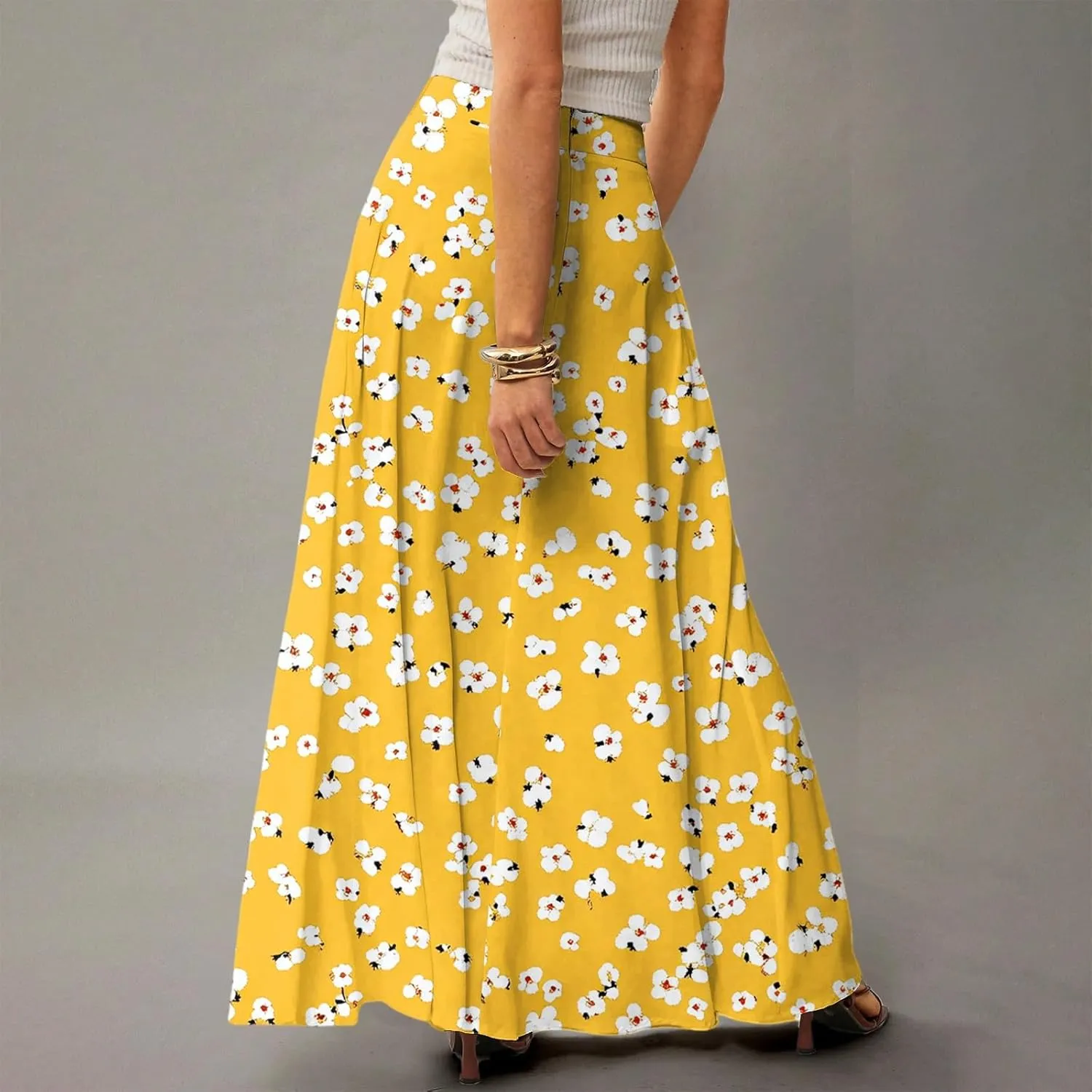 Women's Elastic High Waist Ditzy Floral Print Ruffle Hem Boho Casual Midi Skirt Trendy, S-2XL