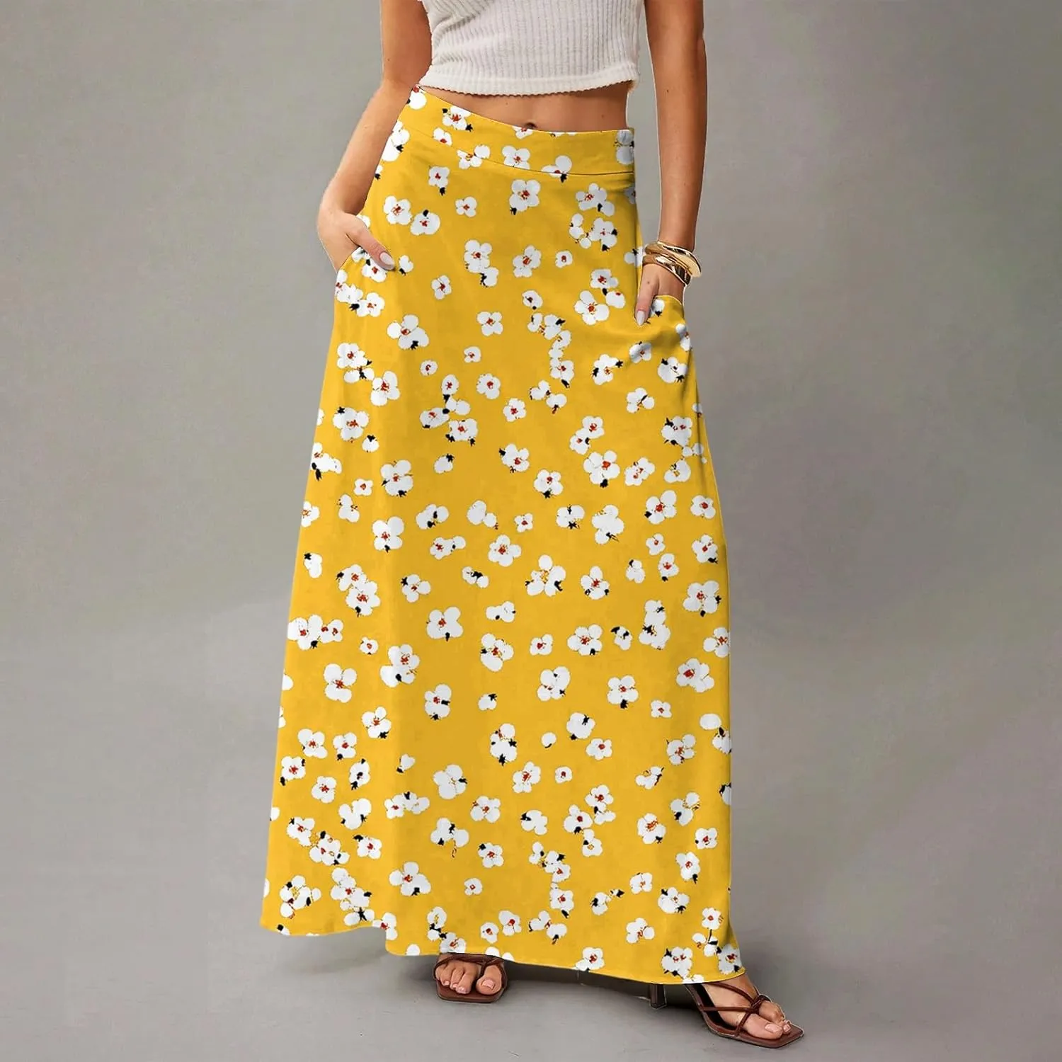 Women's Elastic High Waist Ditzy Floral Print Ruffle Hem Boho Casual Midi Skirt Trendy, S-2XL