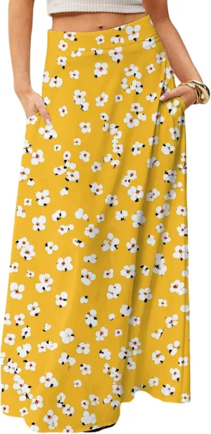 Women's Elastic High Waist Ditzy Floral Print Ruffle Hem Boho Casual Midi Skirt Trendy, S-2XL