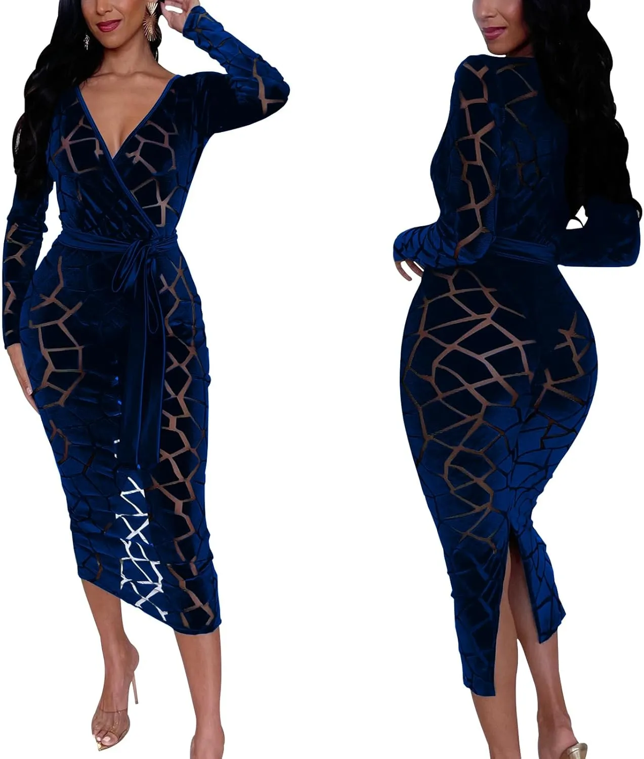 Women's Elegant Bodycon Long Dresses Deep V Neck Long Sleeves Club Night Party Midi Dress