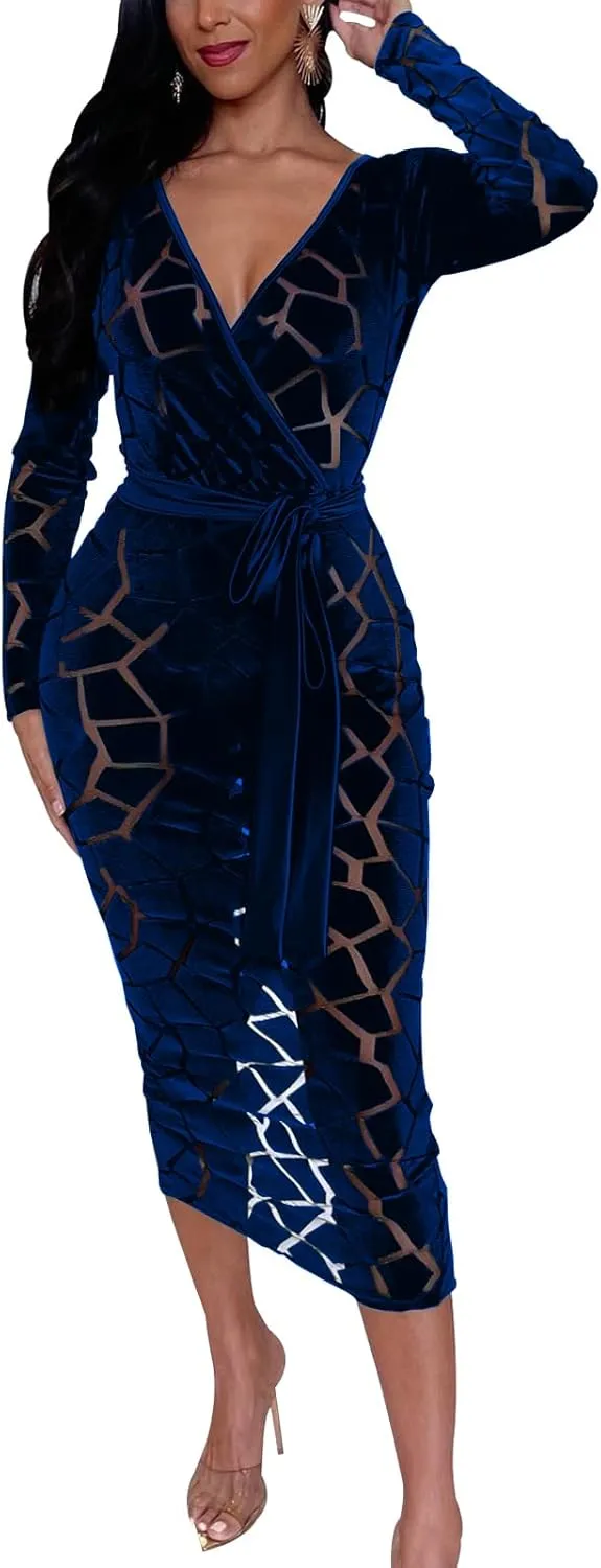 Women's Elegant Bodycon Long Dresses Deep V Neck Long Sleeves Club Night Party Midi Dress