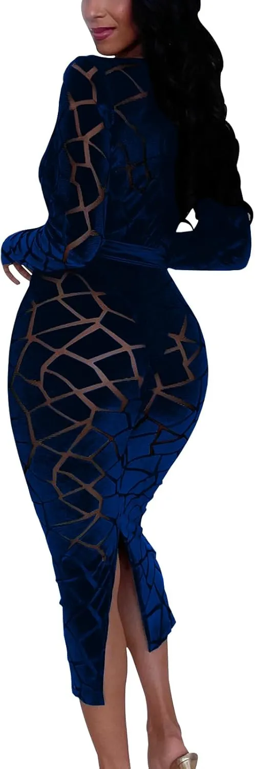 Women's Elegant Bodycon Long Dresses Deep V Neck Long Sleeves Club Night Party Midi Dress