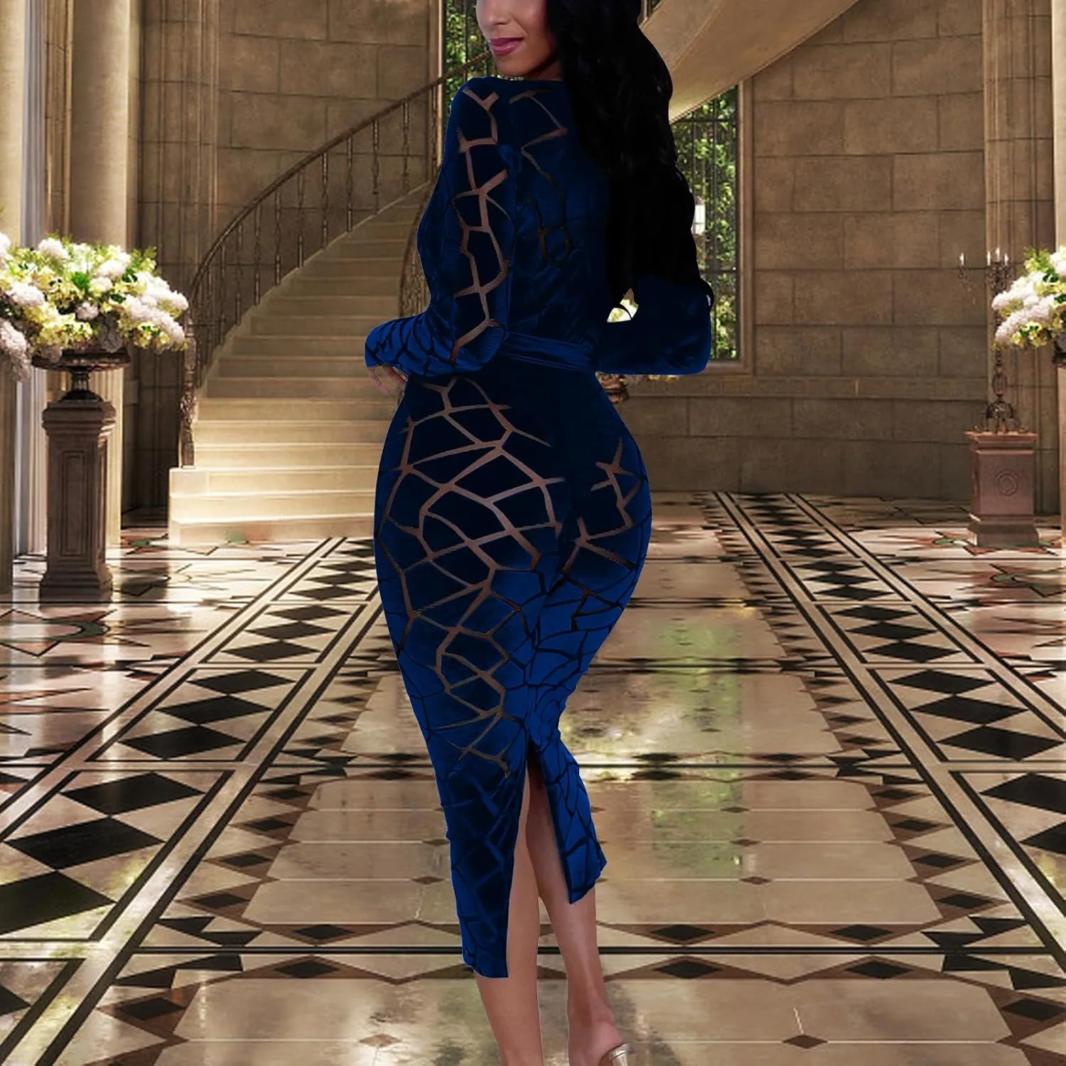 Women's Elegant Bodycon Long Dresses Deep V Neck Long Sleeves Club Night Party Midi Dress