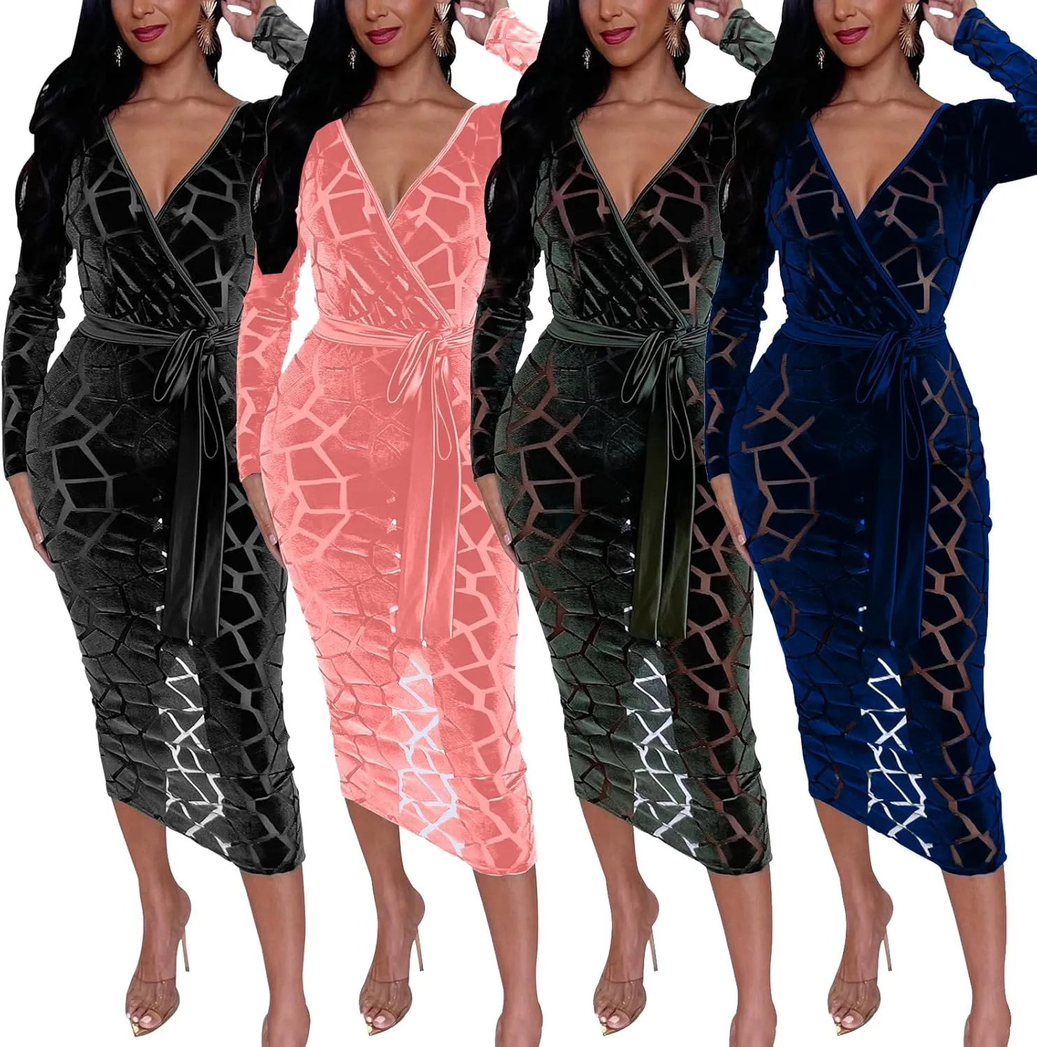 Women's Elegant Bodycon Long Dresses Deep V Neck Long Sleeves Club Night Party Midi Dress