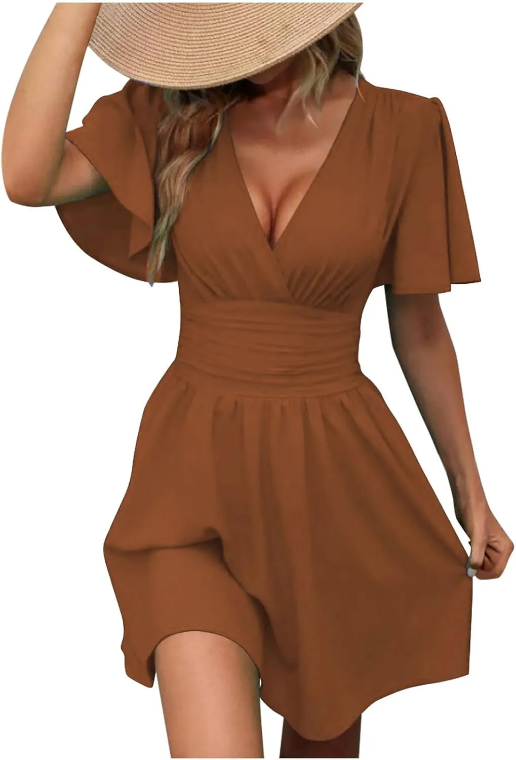 Women's Fashion Dresses High Waisted Elastic Solid Dresses Lotus Leaf Sleeve Short Sleeved Shirt Sexy Women Dress