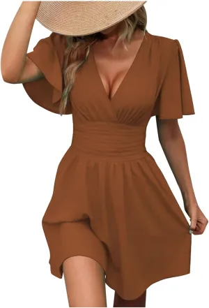 Women's Fashion Dresses High Waisted Elastic Solid Dresses Lotus Leaf Sleeve Short Sleeved Shirt Sexy Women Dress