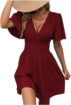 Women's Fashion Dresses High Waisted Elastic Solid Dresses Lotus Leaf Sleeve Short Sleeved Shirt Sexy Women Dress