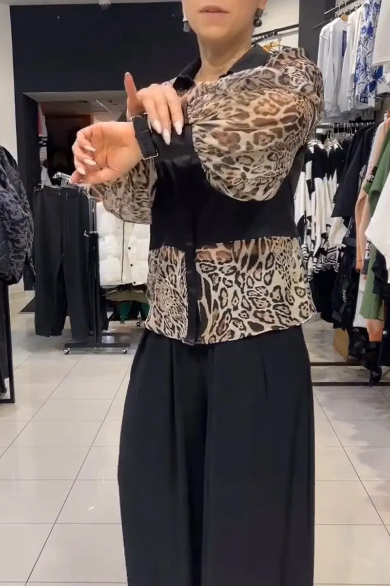 Women's Fashion Leopard Patchwork Shirt and Pants Two-Piece Set