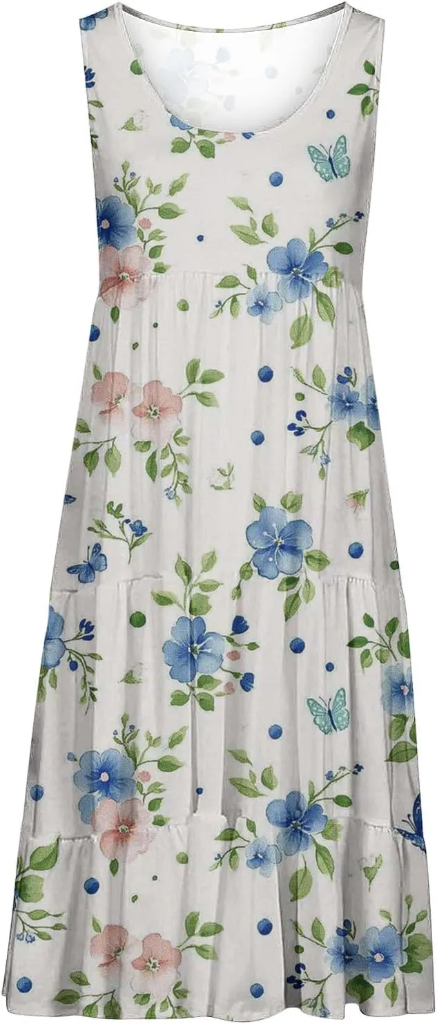 Womens Floral Dress Fashion Sleeveless A-Line Sundress Cute Pleated Flowy Loose Casual Holiday Beach Dress