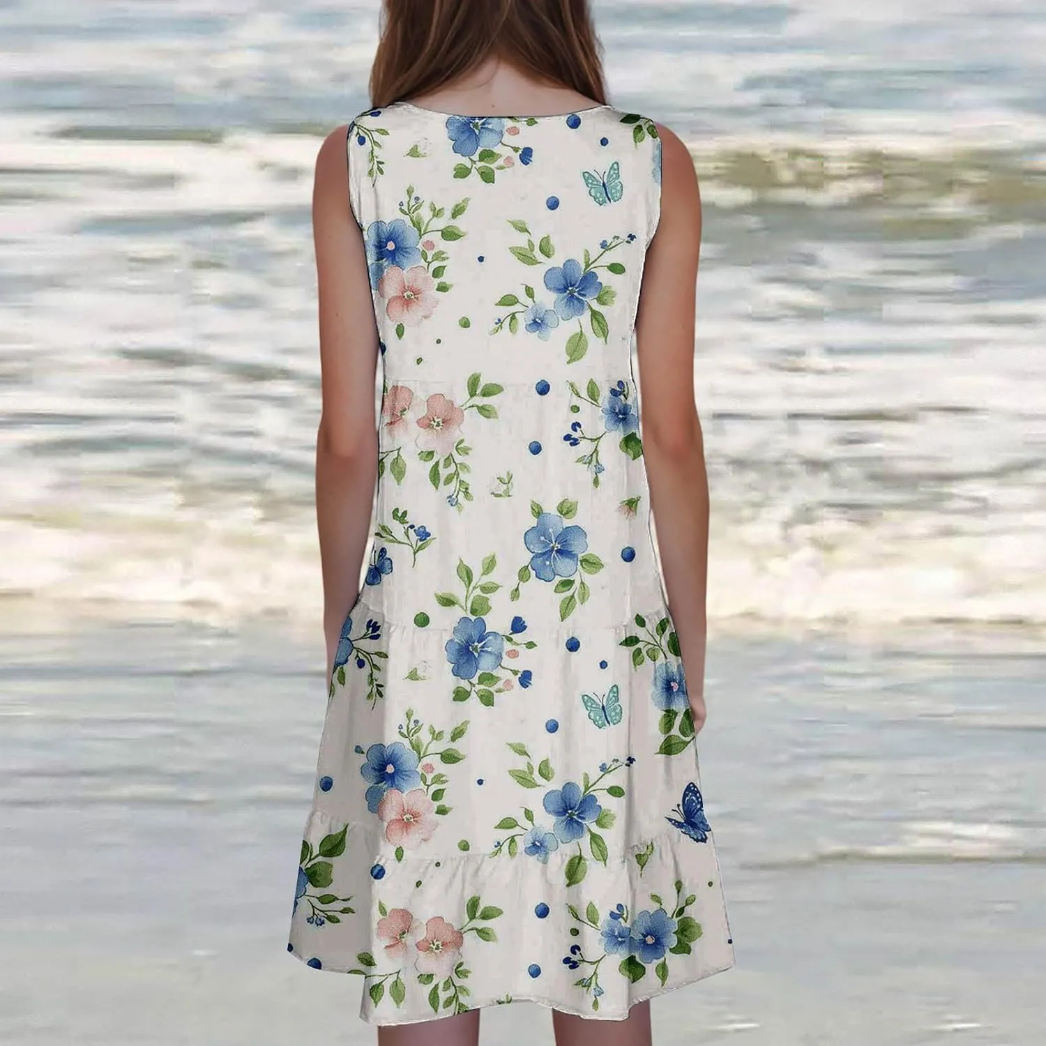 Womens Floral Dress Fashion Sleeveless A-Line Sundress Cute Pleated Flowy Loose Casual Holiday Beach Dress