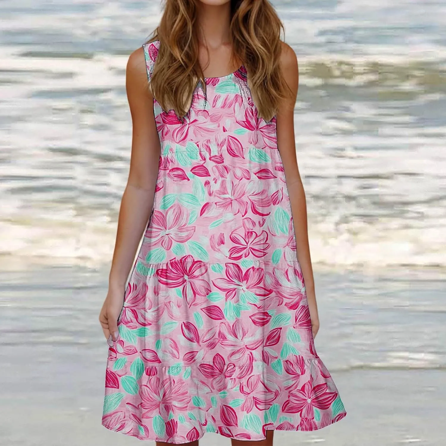 Womens Floral Dress Fashion Sleeveless A-Line Sundress Cute Pleated Flowy Loose Casual Holiday Beach Dress