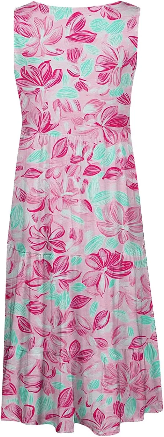 Womens Floral Dress Fashion Sleeveless A-Line Sundress Cute Pleated Flowy Loose Casual Holiday Beach Dress