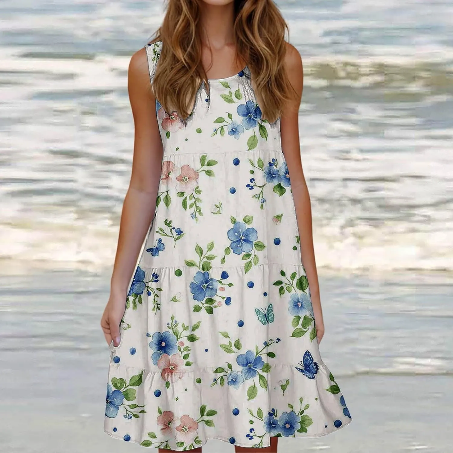 Womens Floral Dress Fashion Sleeveless A-Line Sundress Cute Pleated Flowy Loose Casual Holiday Beach Dress