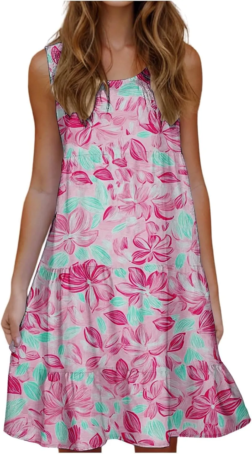Womens Floral Dress Fashion Sleeveless A-Line Sundress Cute Pleated Flowy Loose Casual Holiday Beach Dress