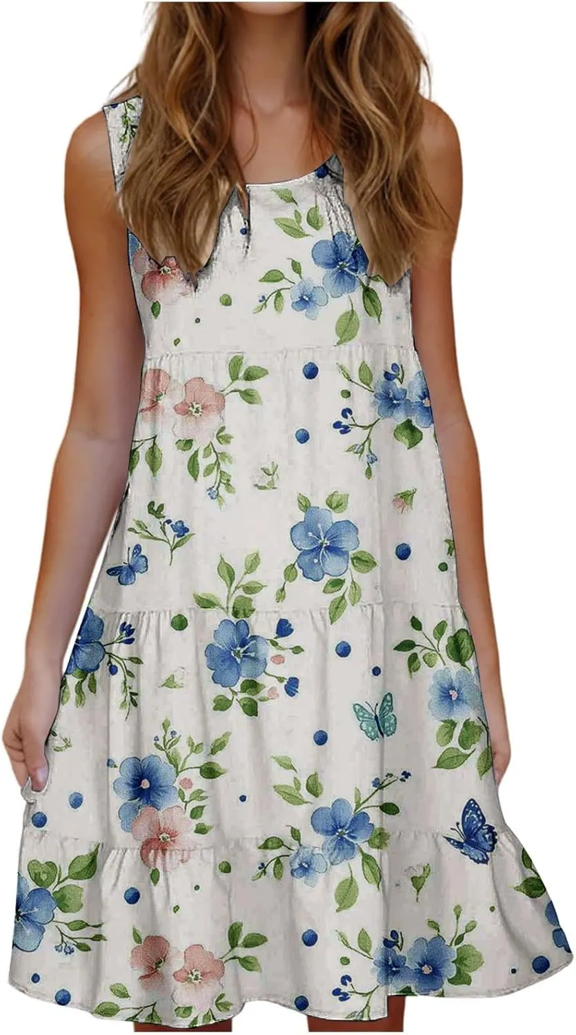 Womens Floral Dress Fashion Sleeveless A-Line Sundress Cute Pleated Flowy Loose Casual Holiday Beach Dress