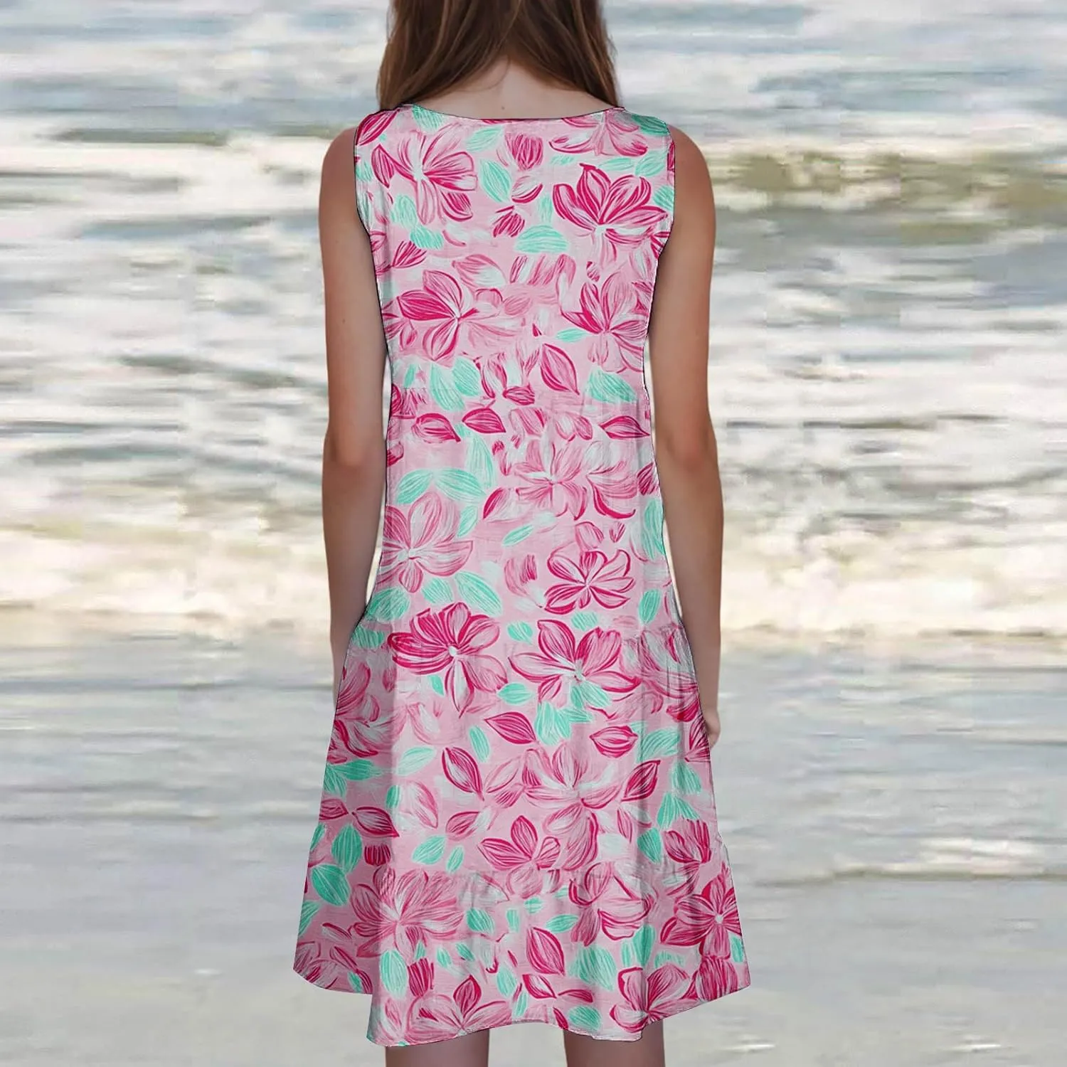 Womens Floral Dress Fashion Sleeveless A-Line Sundress Cute Pleated Flowy Loose Casual Holiday Beach Dress