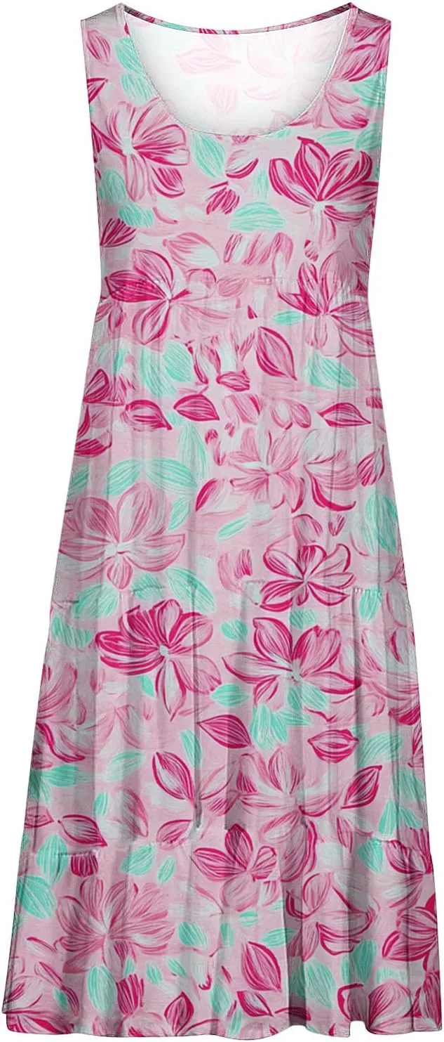 Womens Floral Dress Fashion Sleeveless A-Line Sundress Cute Pleated Flowy Loose Casual Holiday Beach Dress