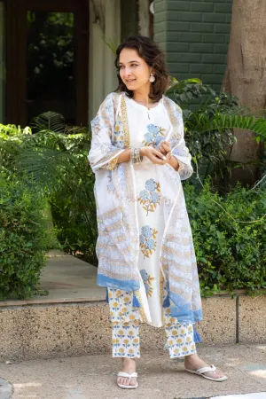 Women's Floral Kurta Pant Dupatta Set - Cotton (60/60)