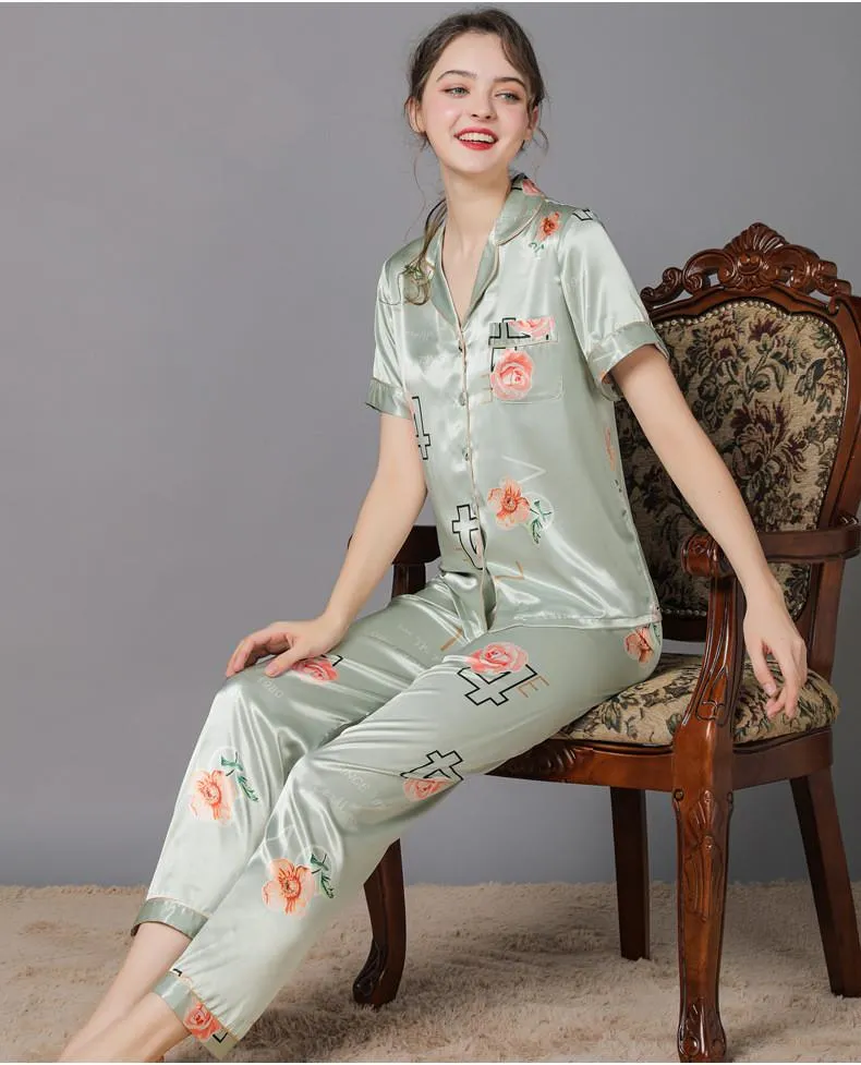 Women's Floral Print Short Satin Pajamas Set