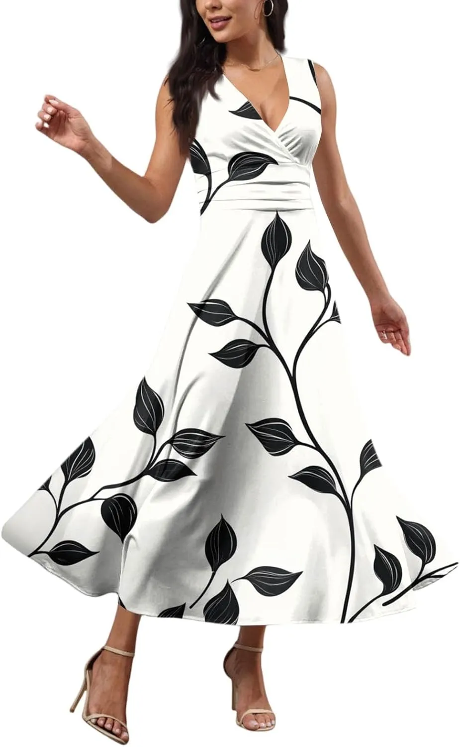 Women's Flowy Dresses Sleeveless V Neck Floral Empire Waist Beach Summer A Line Maxi Sundresses, S-2XL