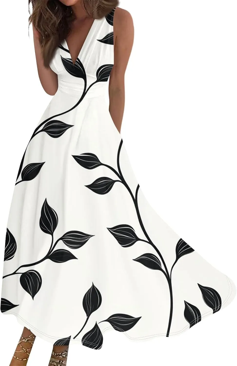 Women's Flowy Dresses Sleeveless V Neck Floral Empire Waist Beach Summer A Line Maxi Sundresses, S-2XL