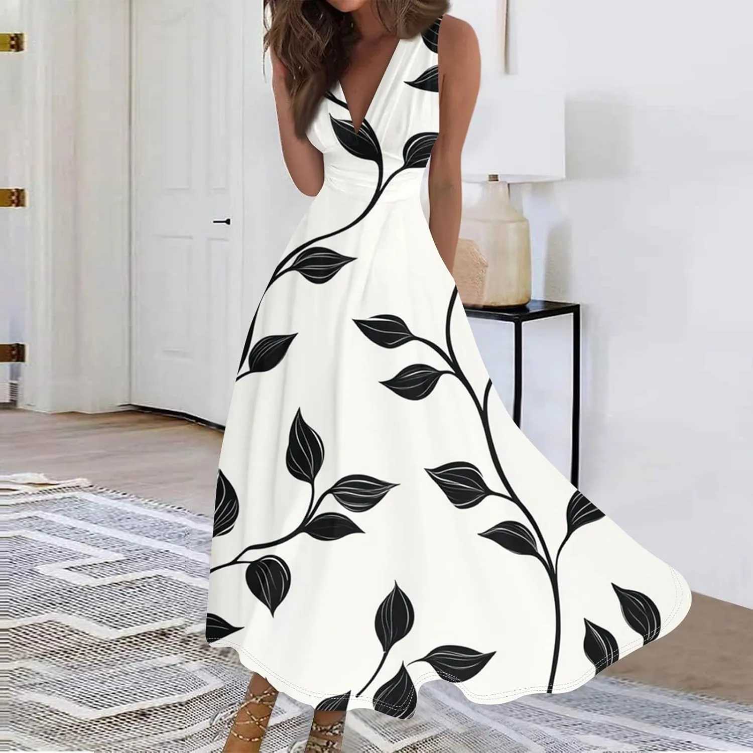 Women's Flowy Dresses Sleeveless V Neck Floral Empire Waist Beach Summer A Line Maxi Sundresses, S-2XL