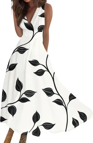Women's Flowy Dresses Sleeveless V Neck Floral Empire Waist Beach Summer A Line Maxi Sundresses, S-2XL