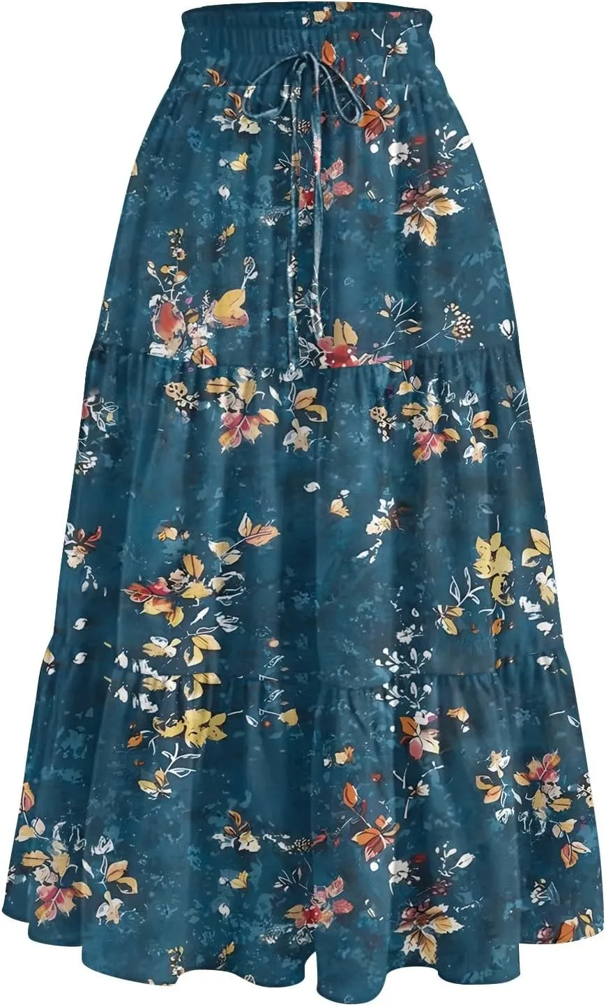 Women's Flowy Midi Skirt Pleated High Elastic Waisted Casual Vacation Resort Long Skirts with Pockets, S-2XL