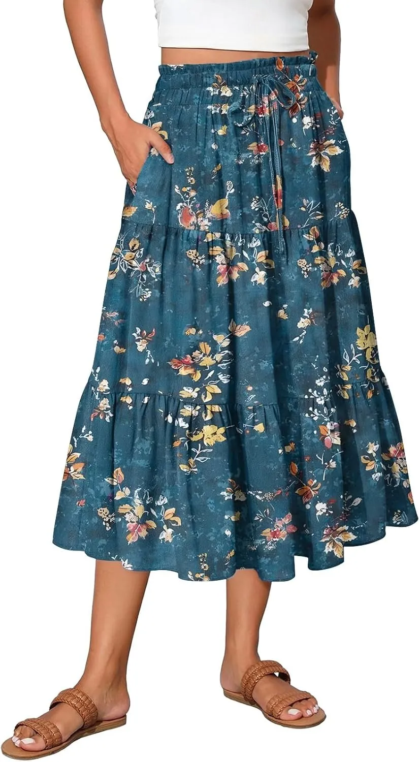 Women's Flowy Midi Skirt Pleated High Elastic Waisted Casual Vacation Resort Long Skirts with Pockets, S-2XL