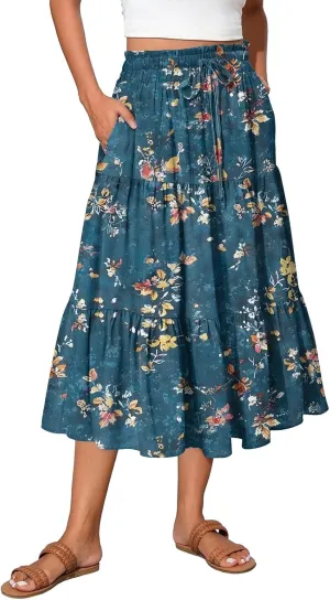 Women's Flowy Midi Skirt Pleated High Elastic Waisted Casual Vacation Resort Long Skirts with Pockets, S-2XL