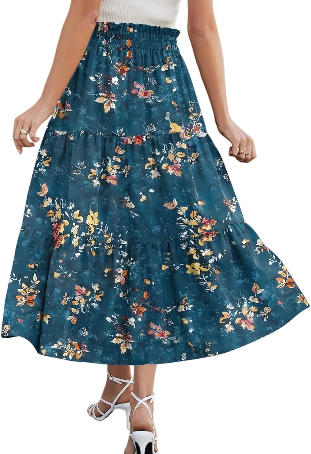 Women's Flowy Midi Skirt Pleated High Elastic Waisted Casual Vacation Resort Long Skirts with Pockets, S-2XL