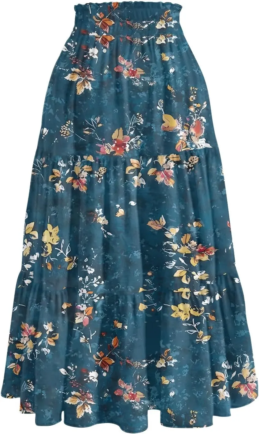 Women's Flowy Midi Skirt Pleated High Elastic Waisted Casual Vacation Resort Long Skirts with Pockets, S-2XL