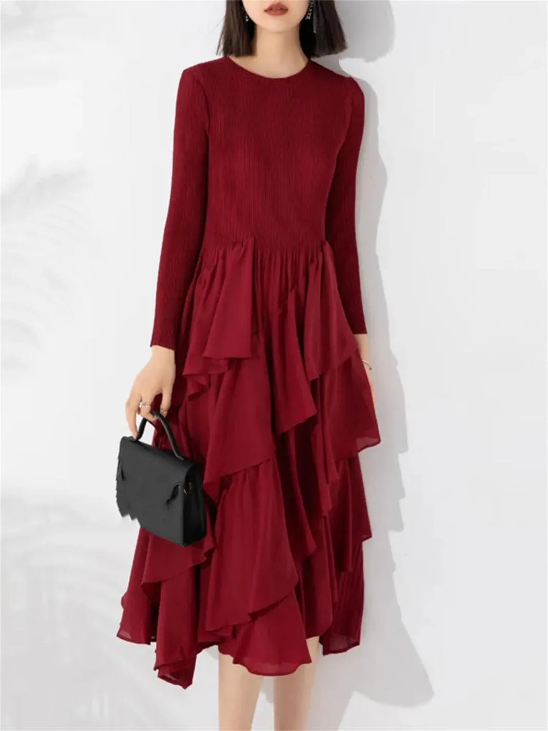 Women's Four Seasons Pleated Maxi Skirt Round Neck Long Sleeve Ruffle A-Line Skirt