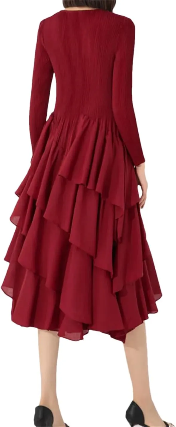 Women's Four Seasons Pleated Maxi Skirt Round Neck Long Sleeve Ruffle A-Line Skirt