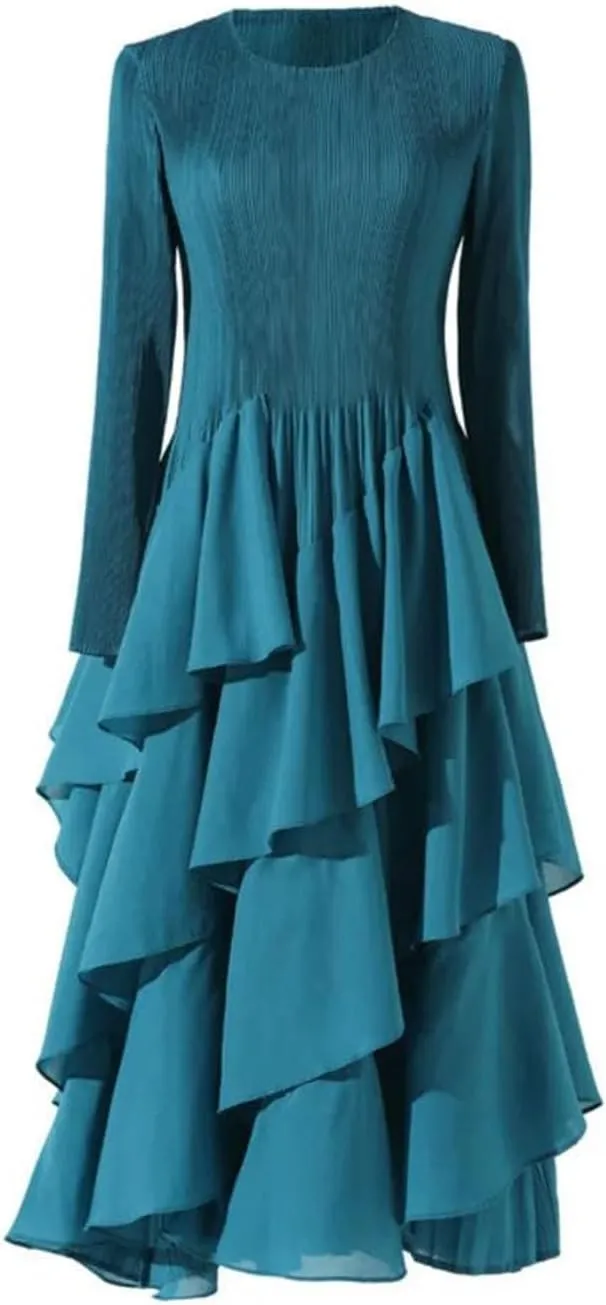 Women's Four Seasons Pleated Maxi Skirt Round Neck Long Sleeve Ruffle A-Line Skirt